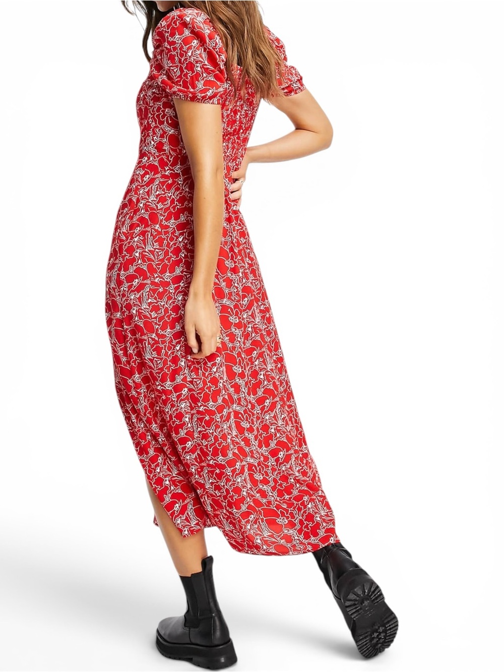 & Other Stories Red Floral Ruched Midi Dress Women EU 38 US 8 Viscose Side Slit - Picture 4 of 11